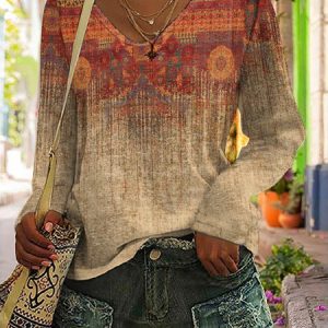 Casual V Neck Ethnic T-Shirt, T-Shirts, color:Red|size:XXL, JustFashionNow