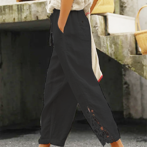 Linen Plain Cotton And Linen Lace Pants, Pants, color:Black|size:XXL, JustFashionNow
