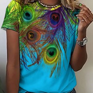 Lilicloth X Paula Women's Peacock Feathers Print T-Shirt, color:Light Blue|size:3XL, Lilicloth.com