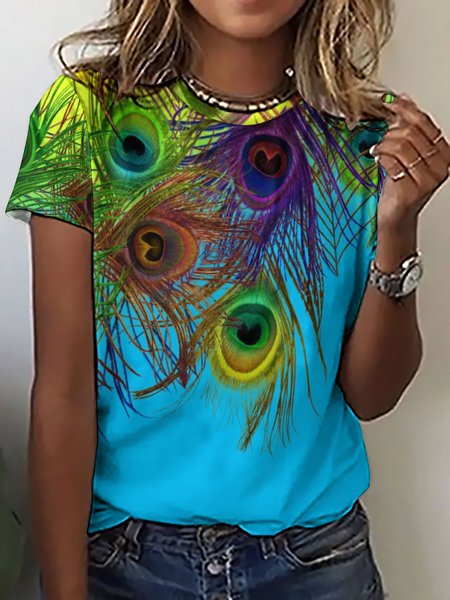 Lilicloth X Paula Women's Peacock Feathers Print T-Shirt, color:Light Blue|size:3XL, Lilicloth.com