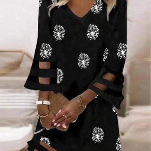 Casual V Neck Dandelion Loose Three Quarter Sleeve Tunic Dress, Short, color:Black|size:XXL, Noracora