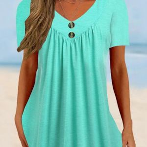 Loose Plain V Neck Casual T-Shirt, T-Shirts, color:Green|size:XXL, JustFashionNow