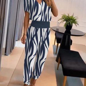 Casual Striped Loose V Neck Two-Piece Set, Suit Set, color:Blue|size:XXL, JustFashionNow
