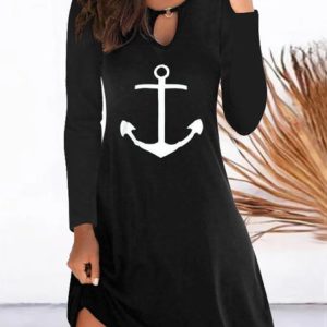 Women Anchor Crew Neck Long Sleeve Comfy Casual Short Dress, Short, color:Black|size:5XL, Noracora