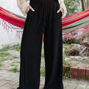Casual Plain Natural Long Wide Leg Pants, Pants, color:Black|size:XXL, Noracora