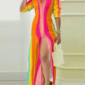 Shirt Collar Striped Elegant Regular Fit Dress, Maxi Dresses, color:Orange|size:XXL, Stylewe