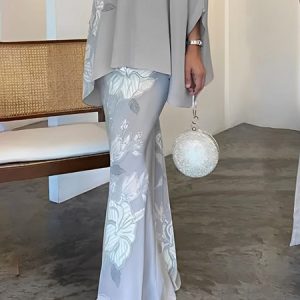 Floral Regular Fit Elegant Maxi Skirt, Skirts, color:Gray|size:XXL, Stylewe