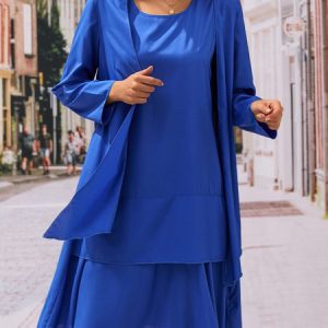 Crew Neck Cotton-Blend Two-Piece Set, Suit Set, color:Aqua|size:XXL, JustFashionNow