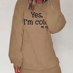 Women's I'm Cold Me 24 7 Letters Casual Sweatshirt Dress, color:Khaki|size:3XL, Lilicloth.com