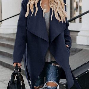 Wrap Long Sleeve Plain Regular Loose Coat For Women, Coats, color:Navyblue|size:5XL, Noracora