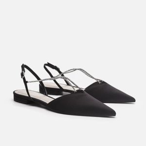 Rhinestone Satin Black Pointed Empty Back Shoes, Flats, color:Black|size:40, Stylewe