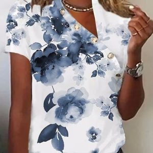 Casual Loose Floral Asymmetrical T-Shirt, T-Shirts, color:White|size:XXL, JustFashionNow