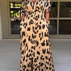 V Neck Leopard Loose Urban Dress, Maxi Dresses, color:Yellow|size:XXL, Stylewe