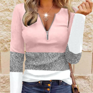 JFN V Neck Zipper Colorblock Daily T-Shirt/Tee, T-Shirts, color:Multicolor|size:XXL, JustFashionNow