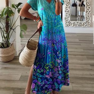 V Neck Casual Loose Dress, Maxi, color:Multicolor|size:XXL, Noracora
