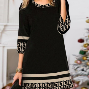 Casual Crew Neck Geometric Loose Dress, Dresses, color:Black|size:XXL, JustFashionNow