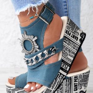Newspaper Print Rhinestone Chain Slingback Platform Wedge Sandals, Sandals, color:Light Blue|size:43, Noracora
