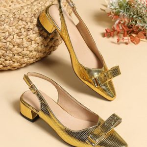 Gold Bowknot Pointed Chunky Heels Dress Shoes, Heels, color:Golden|size:43, Stylewe