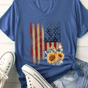 Women's Retro America Flag 4th Of July Casual V Neck Cotton-Blend T-Shirt, color:Dark Blue|size:3XL, Lilicloth.com