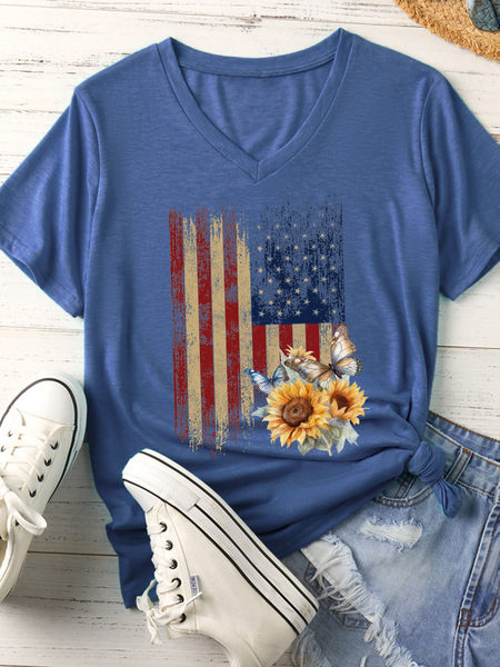 Women's Retro America Flag 4th Of July Casual V Neck Cotton-Blend T-Shirt, color:Dark Blue|size:3XL, Lilicloth.com