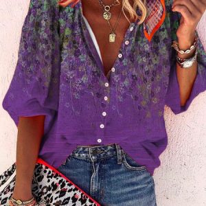 Vintage 3/4 Sleeve Floral Printed V Neck Plus Size Casual Tops, Shirts & Blouses, color:Purple|size:XXL, JustFashionNow