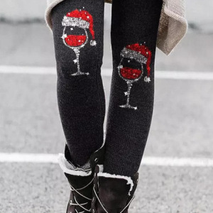 Women's Thick Warm Leggings Cute Christmas Hat Printed, Leggings, color:Black|size:XXL, JustFashionNow