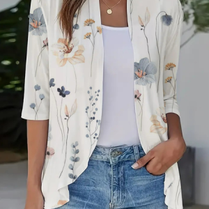 Casual Loose Floral V Neck Kimono, Cardigans, color:White|size:XXL, JustFashionNow