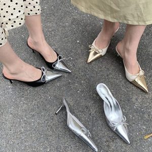 Bowknot Silver Stitching Elegant Mules, Heels, color:White|size:39, Stylewe