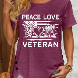 Women's Peace Love Veteran Cotton-Blend Casual Flag T-Shirt, color:Wine Red|size:3XL, Lilicloth.com