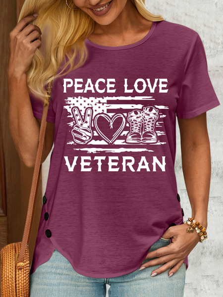 Women's Peace Love Veteran Cotton-Blend Casual Flag T-Shirt, color:Wine Red|size:3XL, Lilicloth.com
