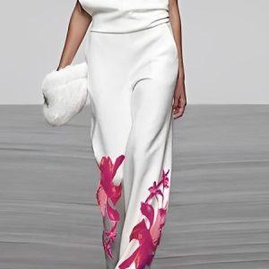 Urban Floral Regular Fit Fashion Pants, Pants, color:White|size:XS, Stylewe
