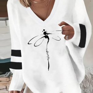 Plus size Dragonfly Casual V Neck Sweatshirt, TOPS, color:White|size:4X, Noracora