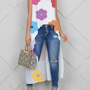 Loose Casual Floral Sleeveless Crew Neck Shirt, Blouses and Shirts, color:White|size:XXL, Stylewe