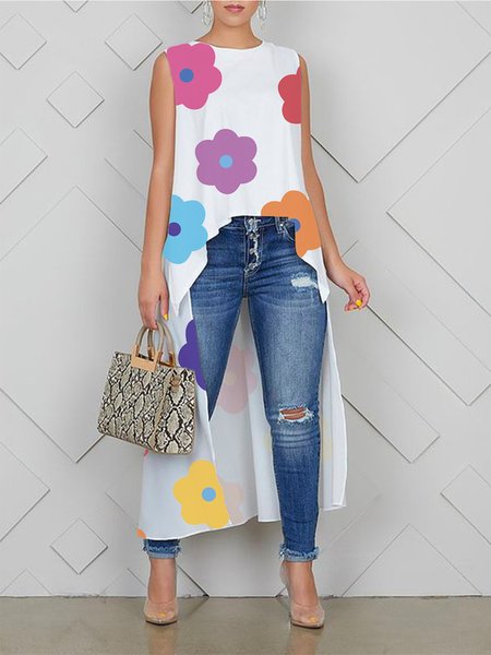Loose Casual Floral Sleeveless Crew Neck Shirt, Blouses and Shirts, color:White|size:XXL, Stylewe