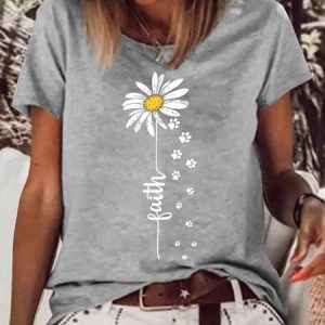 Women's Faith Daisy Paw Print Casual Crew Neck T-Shirt, T-shirts, Lilicloth.com