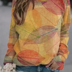Long Sleeve Printed Crew Neck Casual Blouses, Hoodies & Sweatshirts, color:Multicolor|size:3XL, Noracora