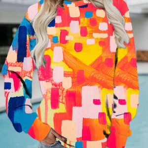 Casual Crew Neck Regular Fit Abstract Sweatshirt, Sweatshirts & Hoodies, color:Orange|size:3XL, JustFashionNow