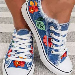JFN  Floral Leaves Lace Up Sneakers Denim Sneakers, Sneakers, color:Blue|size:US 11, JustFashionNow
