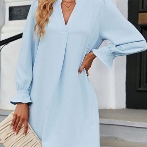 Women Plain Long Sleeve Comfy Casual Short Dress, Short, color:Sky Blue|size:XXL, Noracora
