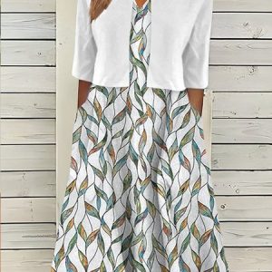 Plus Size Loose Casual Leaf Crew Neck Two-Piece Set, Suit Set, color:White|size:4X, JustFashionNow