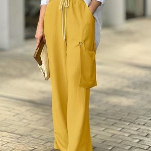 Yellow Regular Fit Urban Daily Plain Cargo Pants, Cargo Pants, color:Yellow|size:XXL, Stylewe