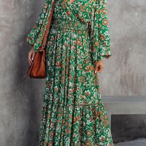 Women Floral V Neck Long Sleeve Comfy Vintage Maxi Dress, Maxi, color:Green|size:XXL, Noracora