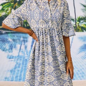 Floral Loose Casual Stand Collar Dress, Dresses, color:Blue|size:XXL, JustFashionNow