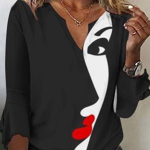 Casual Floral Notched Three Quarter Sleeve T-shirt, T-shirts, color:Color12|size:3XL, Noracora