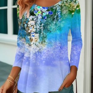 Crew Neck Casual Loose Floral T-Shirt, Long sleeves, Lilicloth.com