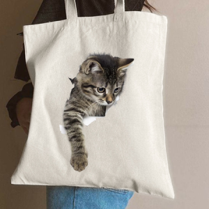 Hidden Cat Animal Graphic Casual Shopping Tote Bag, color:White|size:One-size, Lilicloth.com