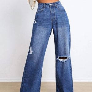 Women Urban Casual Wide Leg Denim Distressed Ripped Jeans Fashion Clothing, Jeans, color:Deep Blue|size:XXL, JustFashionNow