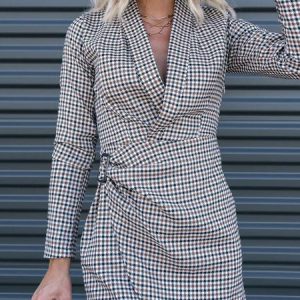 Women Plaid V Neck Long Sleeve Comfy Casual Short Dress, Short, color:Multicolor|size:XXL, Noracora