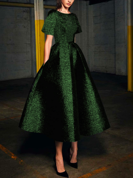 Plain Elegant Short Sleeve Regular Fit Midi Party Dress, Midi Dresses, color:Green|size:XXL, Stylewe