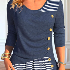Plus size Crew Neck Striped Casual Shirt, Shirts & Blouses, color:Purplish blue|size:4X, JustFashionNow